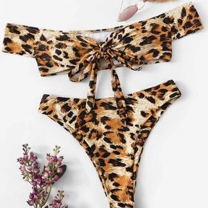 Leopard Off Shoulder Top With High Cut Bikini